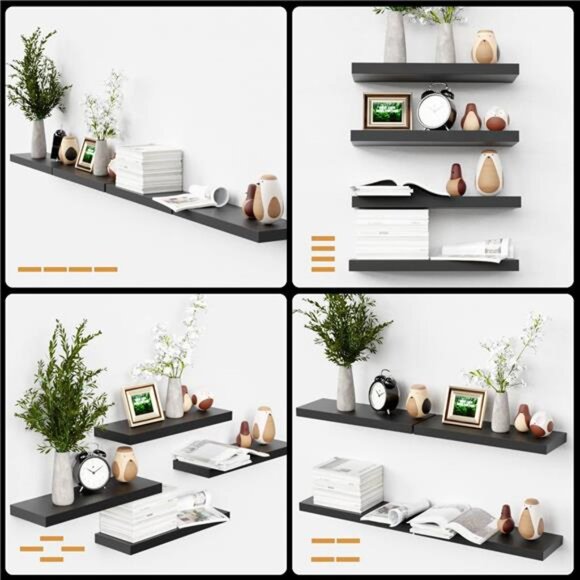 Black Floating Shelves for Wall, 4 Sets Room Storage Shelves, Display Shelves - Picture 4 of 7